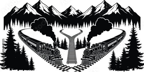 Vintage steam train locomotive vector illustration with majestic mountain range and pine forest landscape, railway tracks splitting into two different directions for travel.
