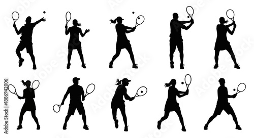 Dynamic silhouettes of tennis players in action, showcasing various strokes and movements on the court, captured from multiple viewpoints.