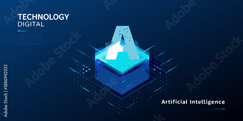 Abstract digital technology illustration featuring a glowing letter a and glowing lines