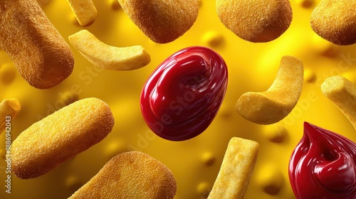 Wallpaper Mural Delicious Fried Party Snacks and Ketchup Dips on Yellow Background Torontodigital.ca