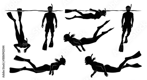 Snorkeling people silhouetted against water surface, diving and swimming underwater, viewed from above, showcasing people and diving activity