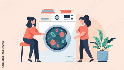 Two women observe a washing machine drum filled with viruses and bacteria