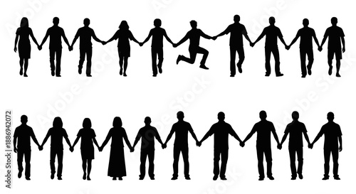 Group of people holding hands in a circle, one person falling, teamwork, unity, and support depicted in simple vector illustration