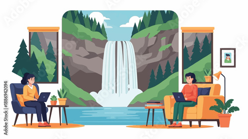 Two people working on laptops in cozy rooms with waterfall views
