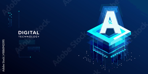 Abstract digital technology illustration with a glowing isometric a symbol