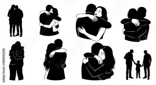 Illustrations of various people hugging and showing affection in different poses and settings.