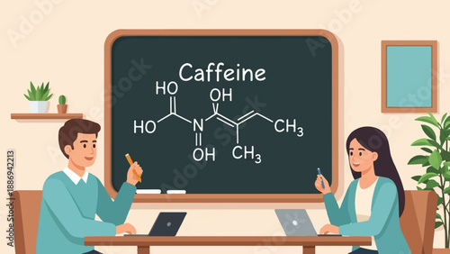 Two students at laptops study caffeine molecule on chalkboard in classroom