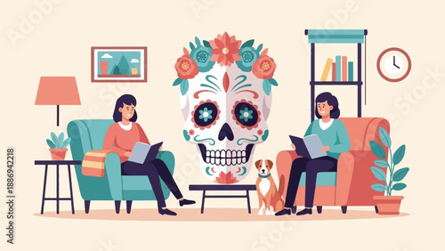Two women reading in armchairs next to a decorated skull and a dog