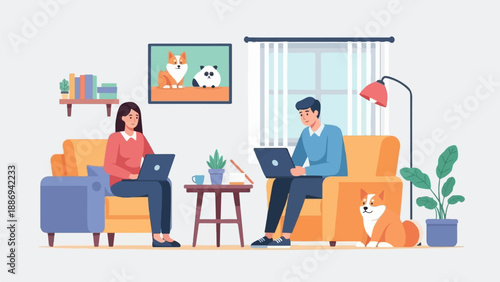 Two people work remotely on laptops in a cozy living room with pets