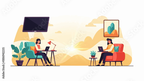 Two people working on laptops in separate, cozy home office setups