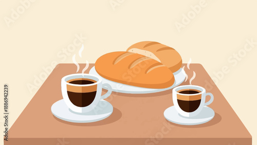 Two steaming cups of coffee sit beside fresh bread on a table