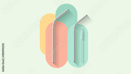Two reusable metal straws with one cleaning brush on pastel oval backgrounds