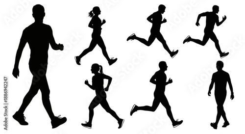 Silhouettes of people running and walking in various poses and dynamic movements