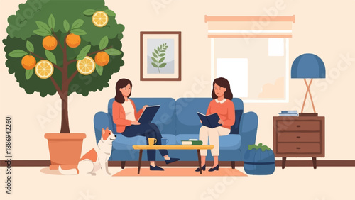 Two women reading on a couch with a dog and orange tree indoors