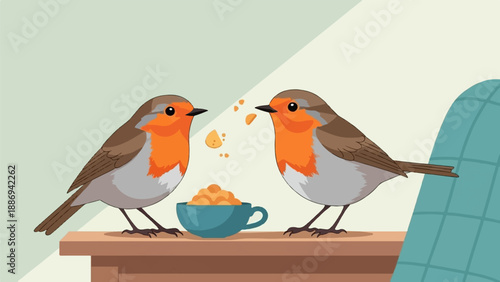 Two robins sharing a meal on a wooden surface near a textured blue fabric