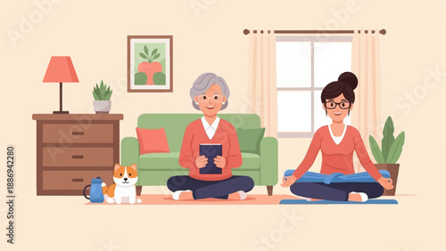 Two women and a dog meditating in a cozy living room