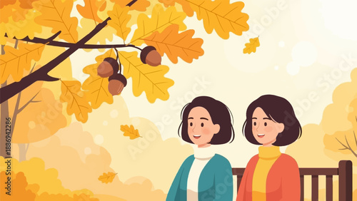 Two women enjoy autumn park, leaves fall from oak trees