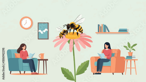 Two women reading in cozy rooms with bees on a flower