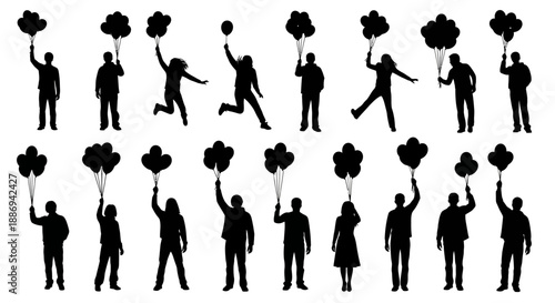 Silhouettes of diverse people celebrating with pompoms or flowers from various viewpoints