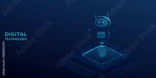 Futuristic robot interacting with a digital interface on a dark blue background