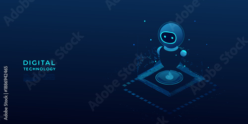 Futuristic robot emerging from a digital platform with glowing blue light