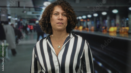 Woman with curly hair makes l sign with finger to forehead inside busy train station platform; playful tease.