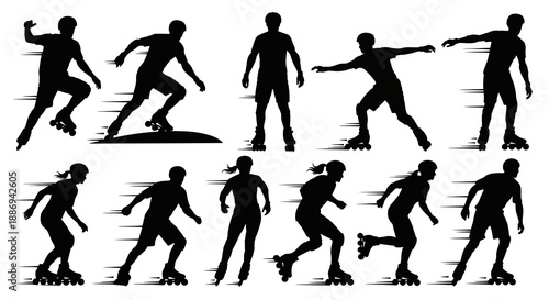 Dynamic silhouettes of a person skateboarding in various stances and movements, showcasing athletic action and fluid motion.