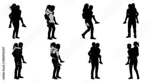 Couple silhouettes in various romantic poses and interactions displayed in a grid layout