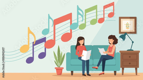 Two women reading sheet music on a couch with colorful musical notes above