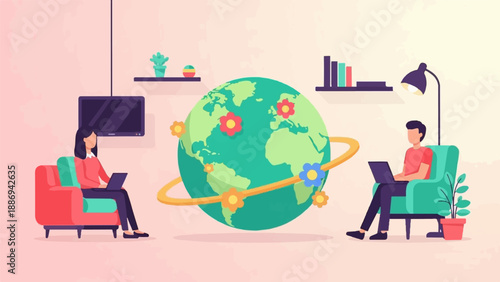 Two people work remotely near a stylized globe with flowers