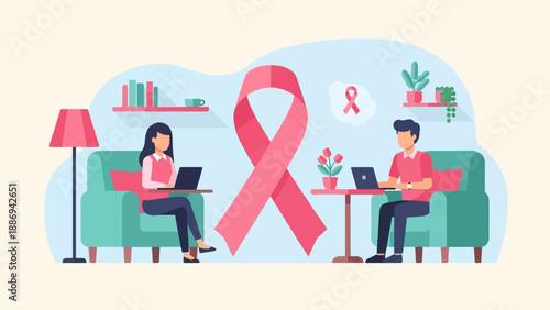 Two people work remotely near a large pink ribbon symbol