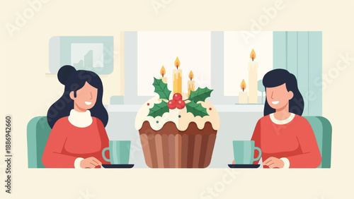Two women enjoy festive cake and drinks by candlelight