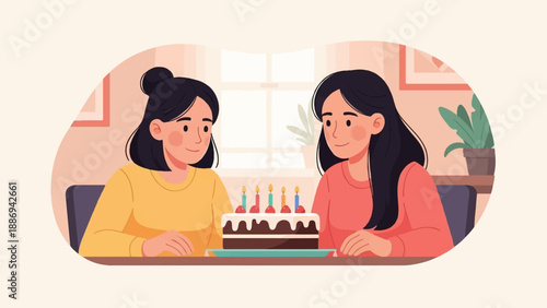 Two smiling women with dark hair gaze at a birthday cake with lit candles