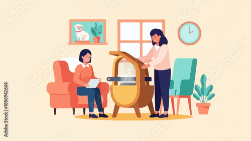 Two women and a dog in a cozy home environment