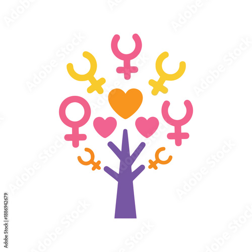 Feminism tree vector clipart with female gender symbols and hearts, colorful flat illustration
