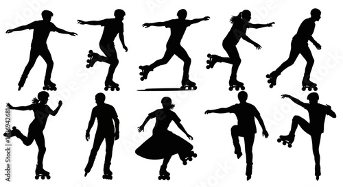 Group of people roller skating in various dynamic poses on a rink, captured from multiple viewpoints.