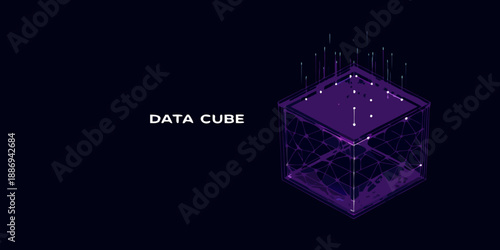 Abstract representation of a data cube with glowing purple lines and connections