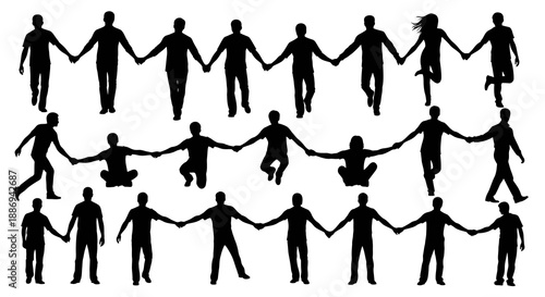 Diverse silhouettes of people holding hands in a circular formation, symbolizing unity and togetherness