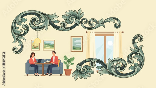 Two people work remotely in a room decorated with ornate scrolls