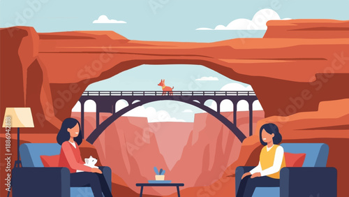 Two women and a dog enjoy a surreal desert vista with a bridge