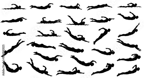 Multiple divers in various poses and diving positions illustrated in a collection of silhouettes