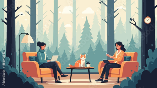 Two women and a dog in a cozy forest setting, working on laptops
