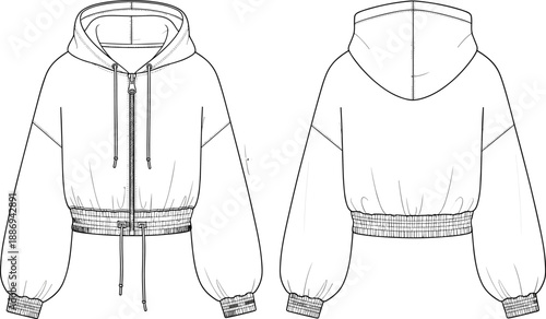 Women's cropped zip-up hoodie technical fashion flat sketch vector with drop shoulder and drawstring hem.