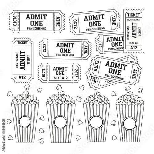 Movie Tickets and Popcorn Line Art Illustration
