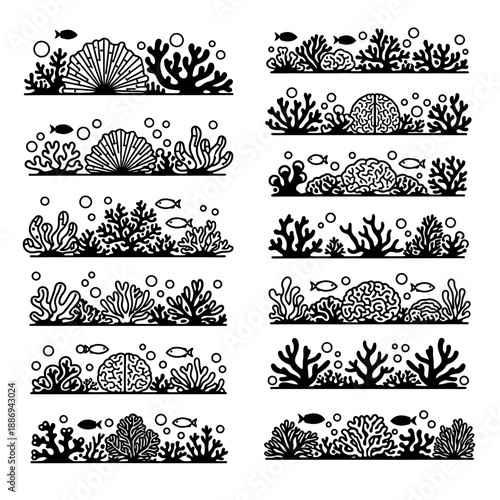 Black and White Coral Reef Silhouette Borders