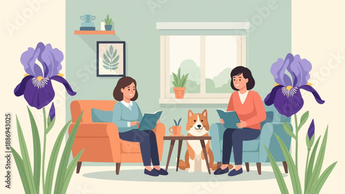 Two women and a dog enjoy a quiet moment reading indoors