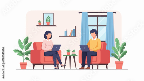 Two people working on laptops on comfortable chairs in a room