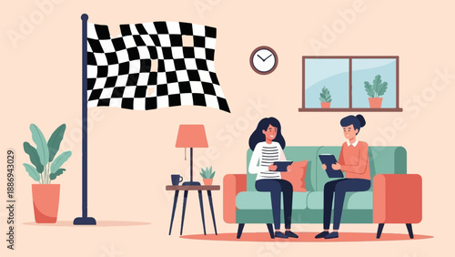 Two women on sofa, checkered flag, plant, lamp, clock, window, plants