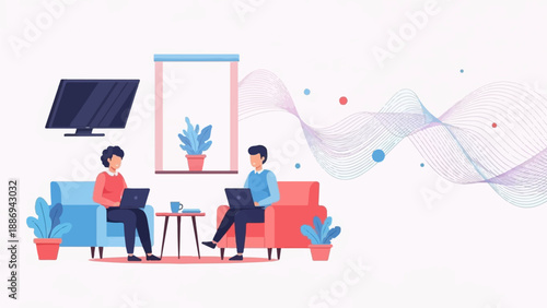 Two people working on laptops on comfortable sofas in a bright room