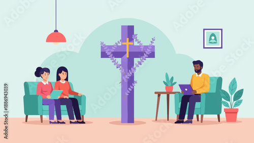 Two women on sofa, man with laptop, and a cross with flowers